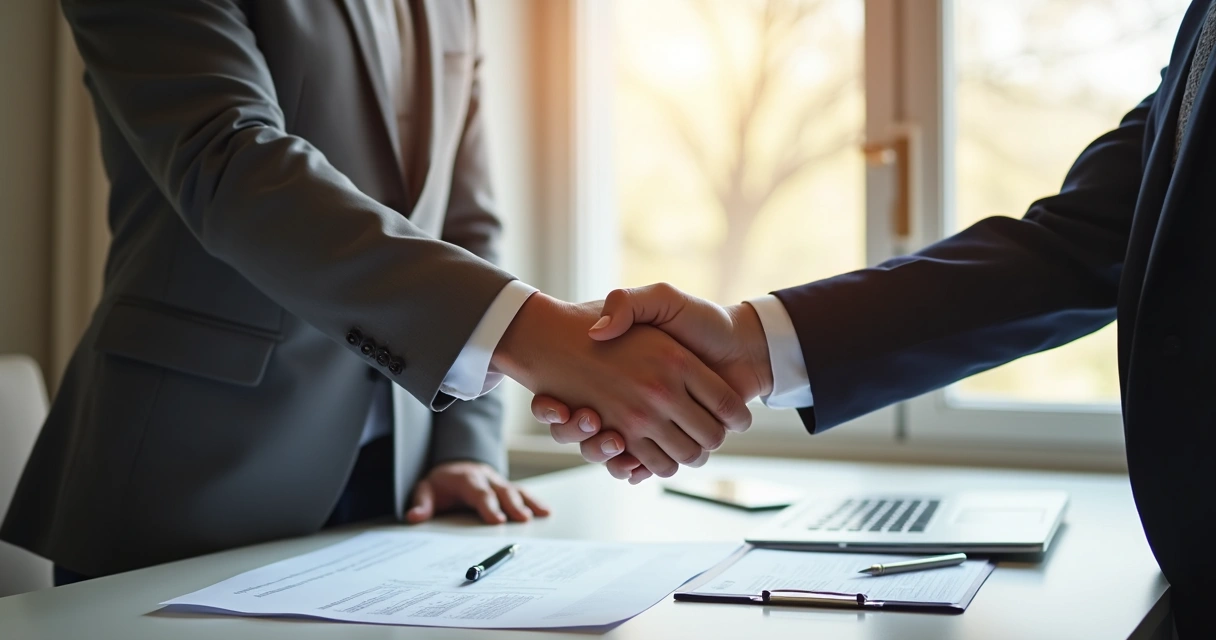 Comprador e vendedor apertando as mãos após assinatura de contrato de imóvel regularizado, documentos visíveis.