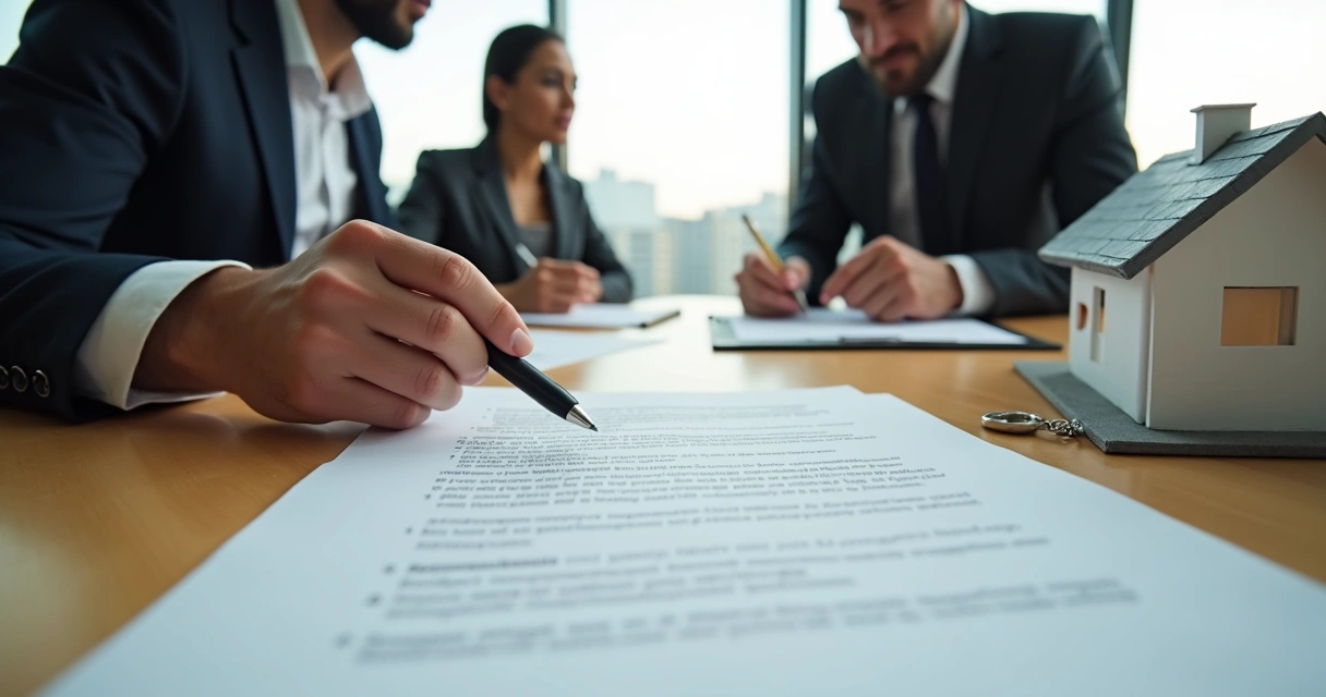 Casal e advogado analisando contrato de compra de imóvel sobre mesa com miniatura de casa 