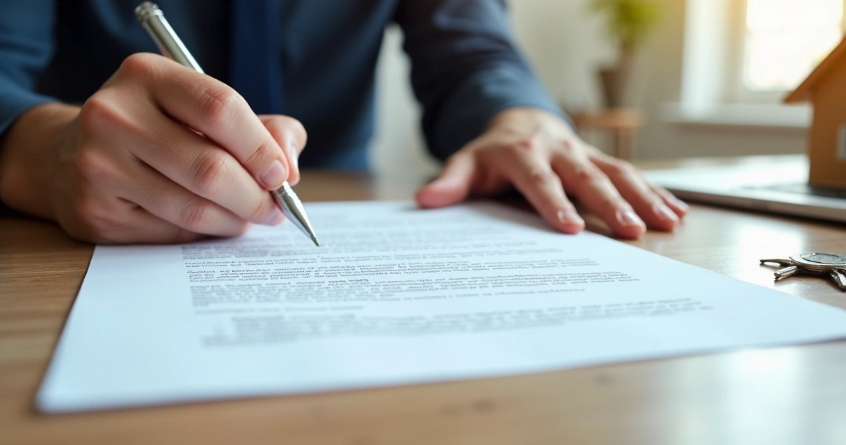 Mãos assinando contrato de compra de imóvel com chave em destaque 