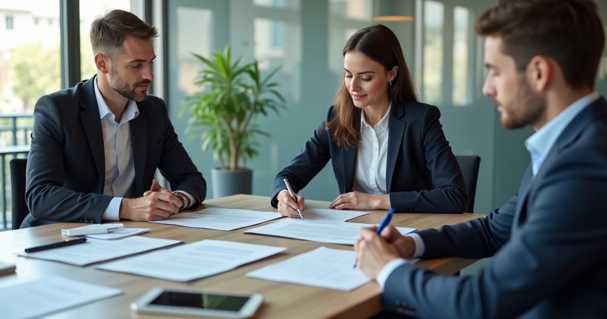 Empreendedor assinando contrato de investimento com advogado ao lado 