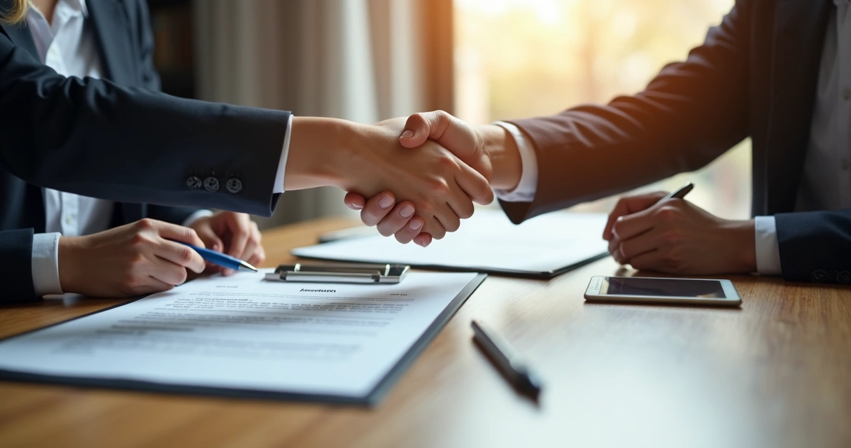 Duas pessoas apertando as mãos após assinarem documento de investimento na mesa. 