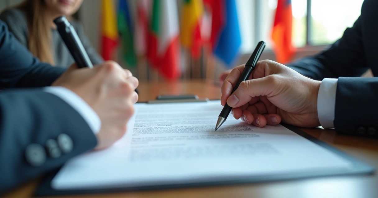 Assinatura de contrato de joint venture com empresários de diferentes nacionalidades e documento na mesa 