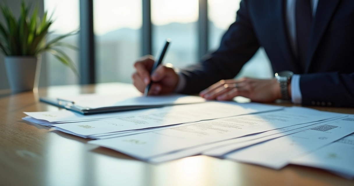 Pessoa assinando contrato público com pilha de certidões ao lado