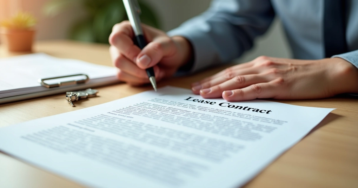 Mãos assinando contrato de locação residencial com caneta sobre mesa de madeira clara, ao lado documentos e chave de imóvel 