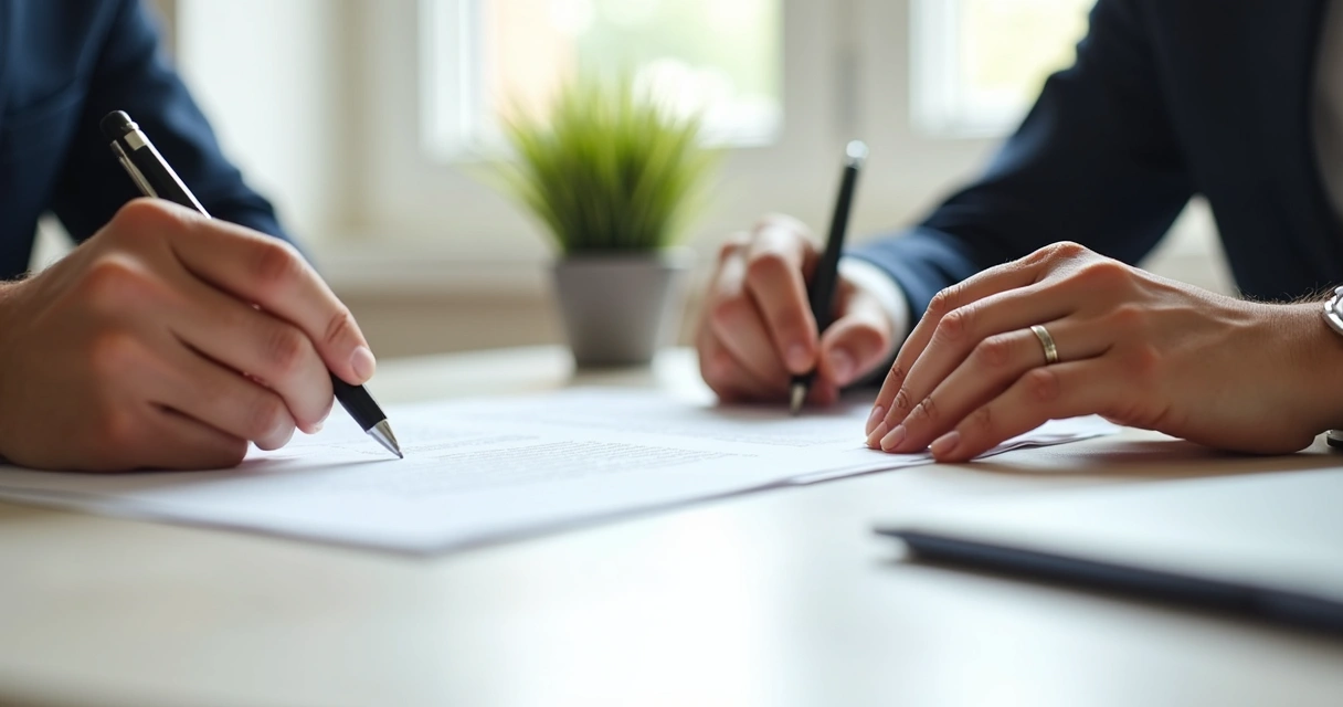 Mãos assinando contrato de locação simples em mesa clara 