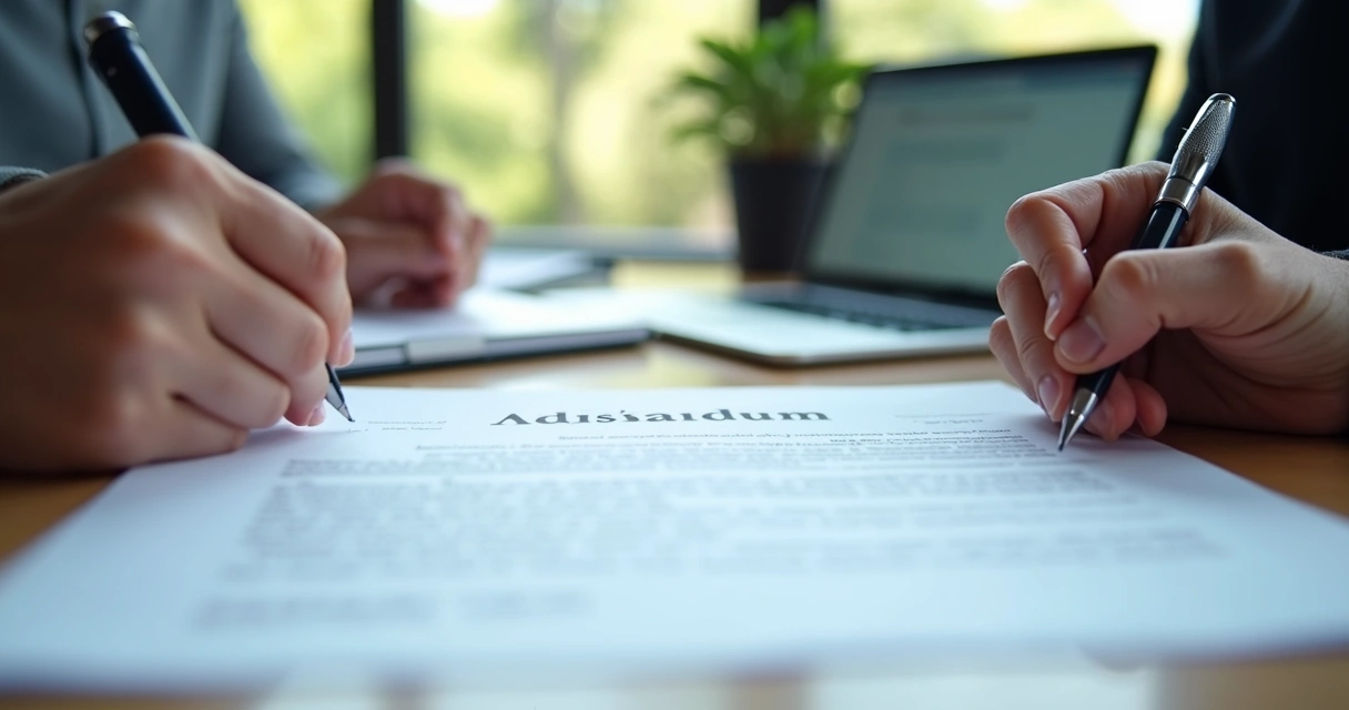 Mãos segurando caneta assinando documento de contrato de locação em mesa de madeira clara 