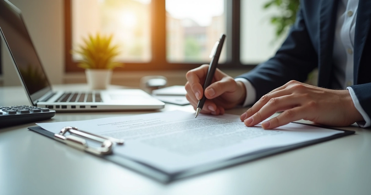 Pessoa assinando contrato de locação com fiador em mesa de escritório moderna 
