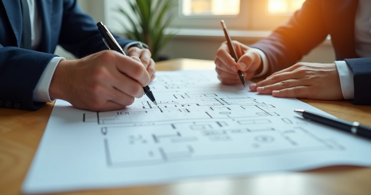 Duas pessoas assinando contrato sobre mesa com planta baixa e caneta 