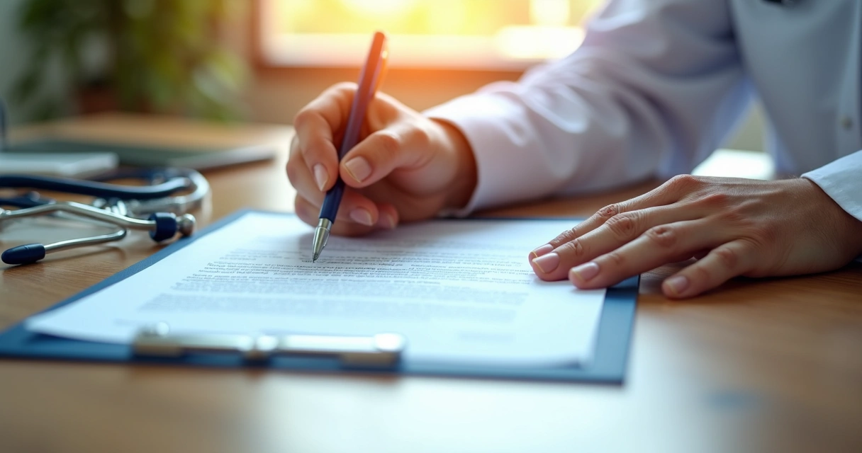 Médico assinando contrato sobre uma mesa com papéis e estetoscópio 