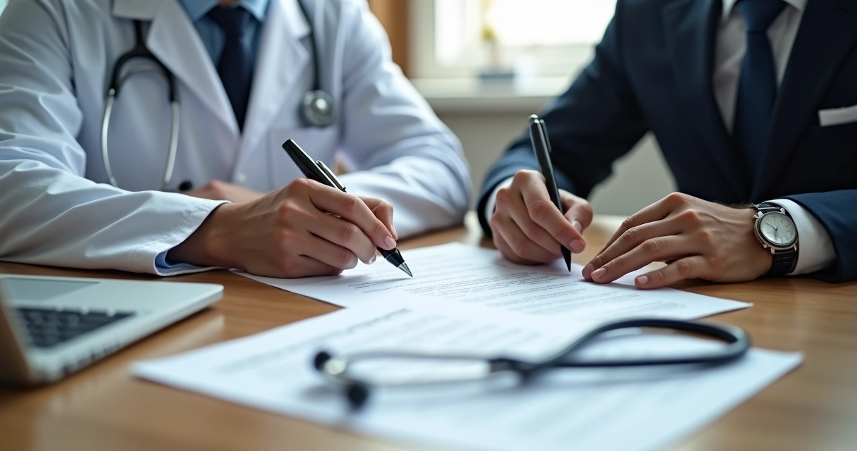 Médico e advogado assinando contrato em uma mesa 