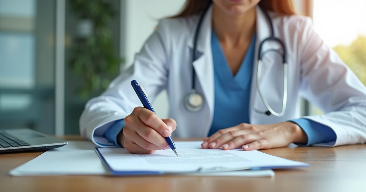 Médico assinando contrato em mesa com papéis e caneta