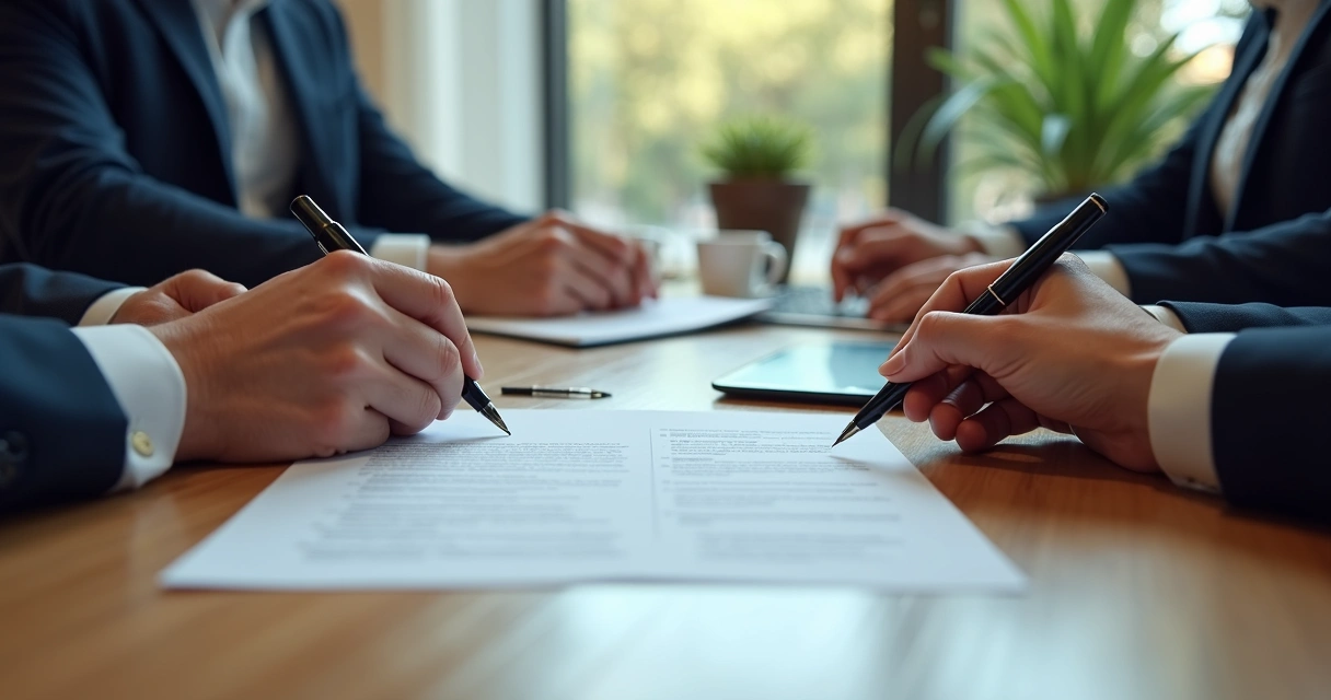 Mãos de executivos assinando contrato em mesa de reunião
