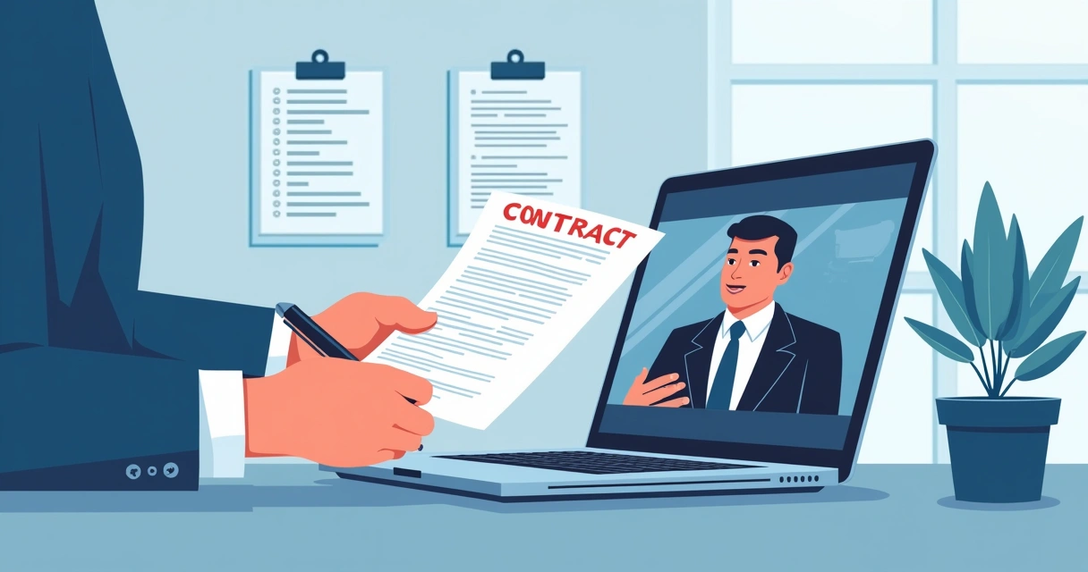 Person signing digital contract while participating in videoconference 
