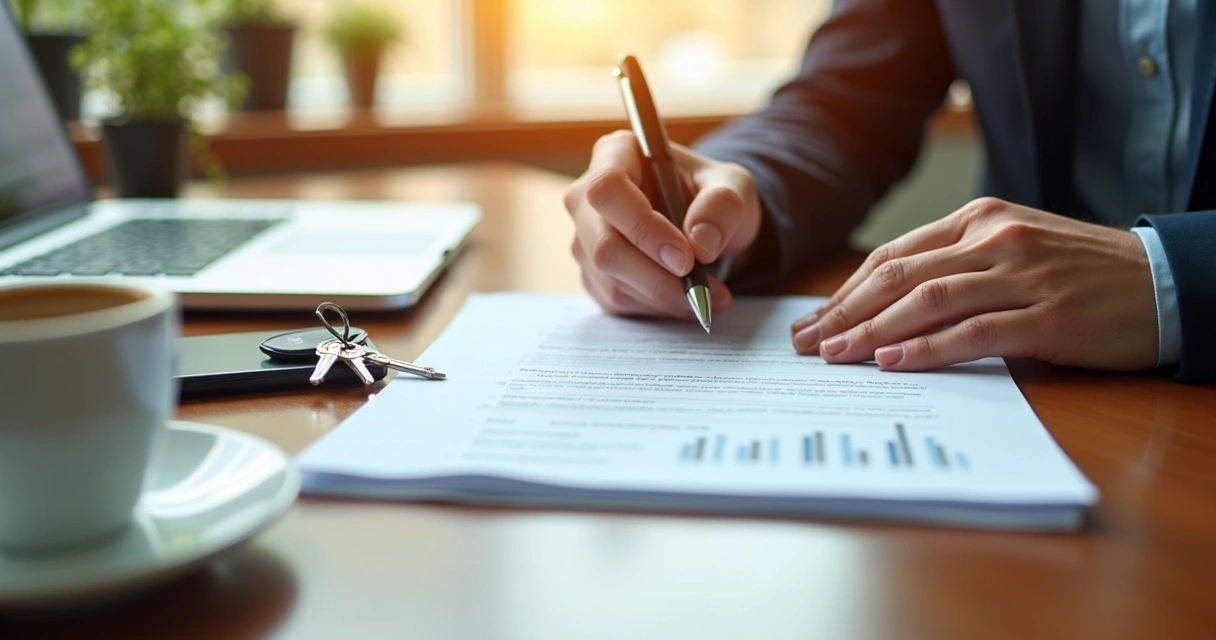 Pessoa assinando contrato de locação comercial simples com caneta sobre mesa 