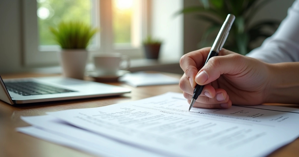 Pessoa assinando contrato de plano de saúde em mesa de escritório 
