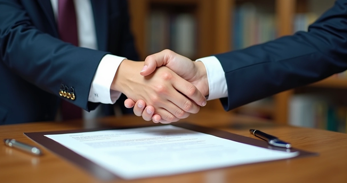 Duas pessoas apertando as mãos sobre um contrato assinado em mesa de madeira.