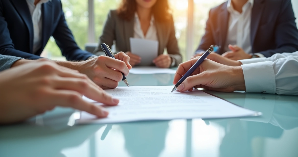 Duas pessoas assinando documentos em uma mesa de reunião, com contrato de vesting em destaque 