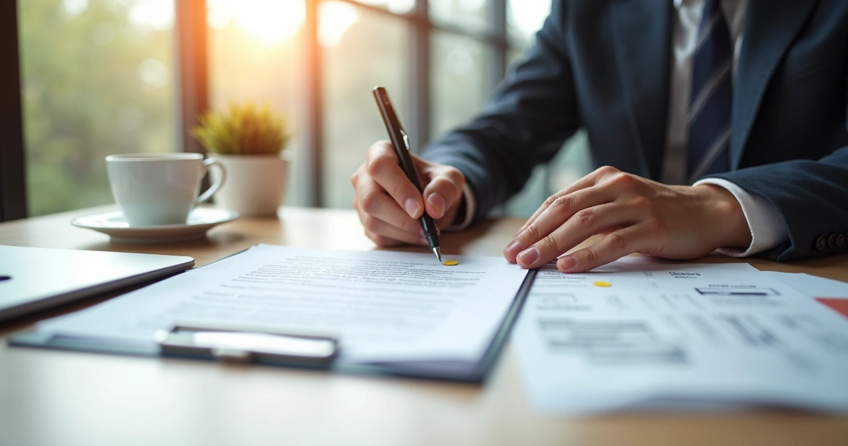 Pessoa assinando contrato de seguro de vida em mesa de escritório 