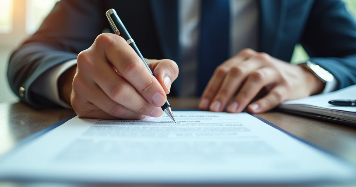 Pessoa assinando contrato de seguro de vida com uma caneta em ambiente de escritório 