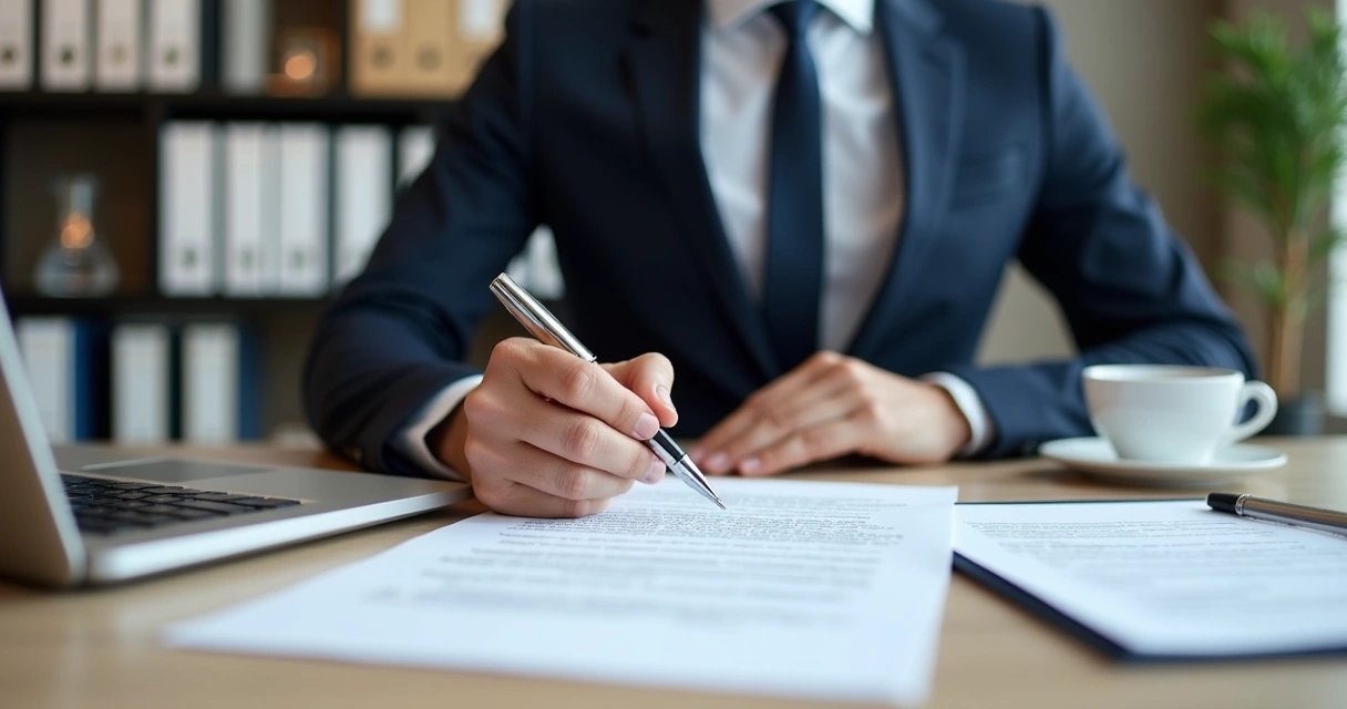 Pessoa assinando contrato de prestação de serviços em mesa de escritório moderna