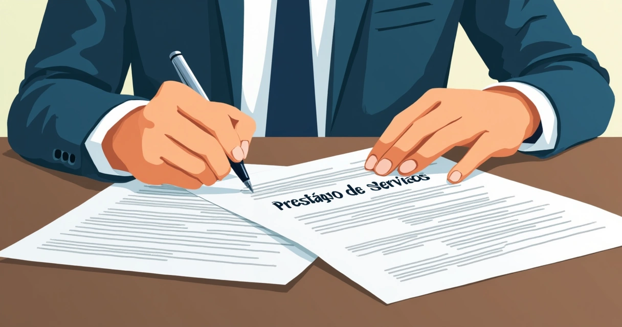 Empresário assinando contrato de prestação de serviços com caneta sobre a mesa 