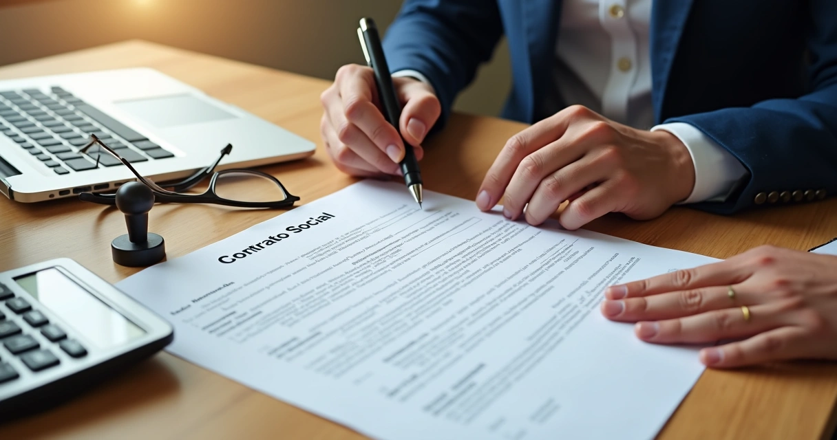 Empresários assinando contrato social na mesa 