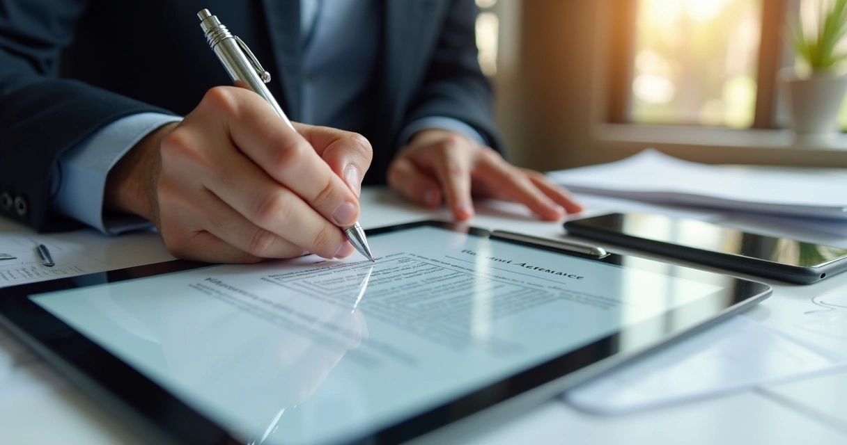 Pessoa assinando contrato digital de locação em tablet 
