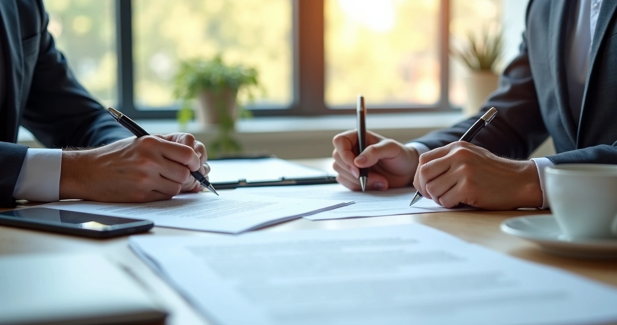 Duas pessoas revisando contrato de trabalho e segurando canetas para assinar. 