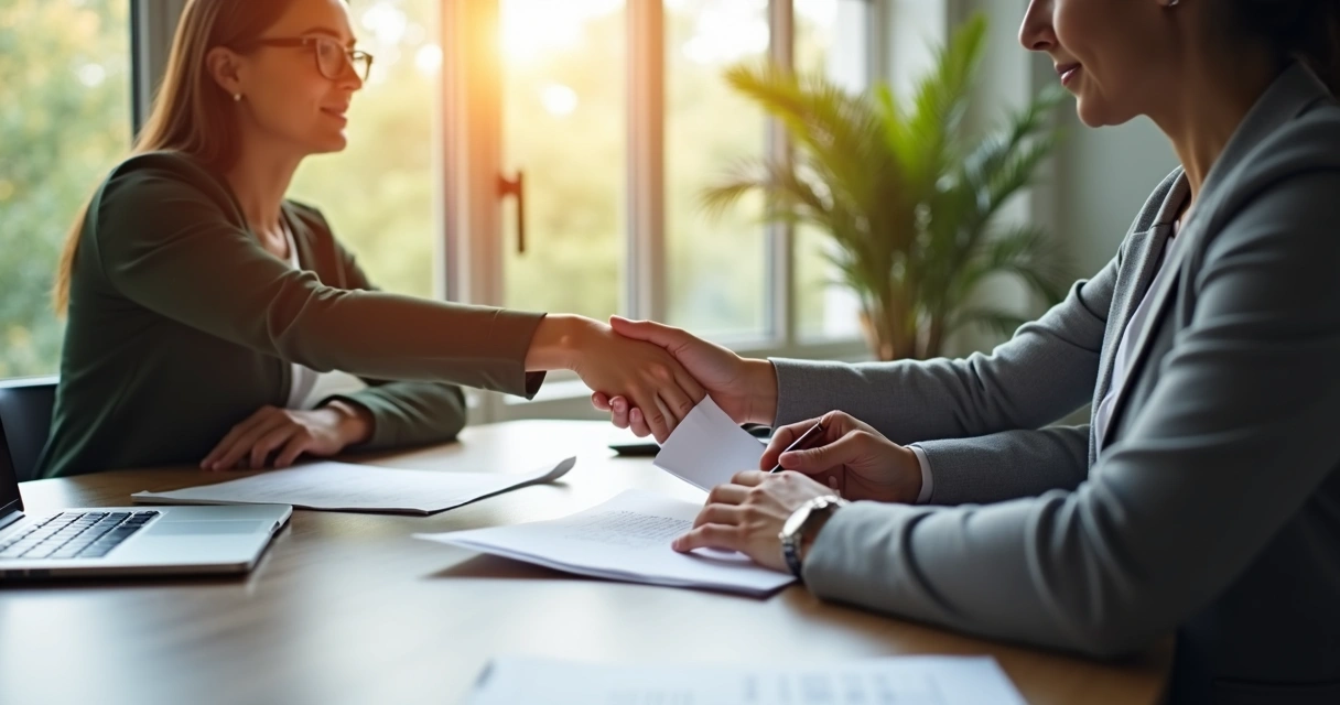 Duas pessoas sentadas à mesa assinando contrato de trabalho temporário 