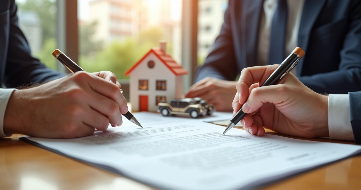 Mãos assinando contrato de transferência de imóvel 