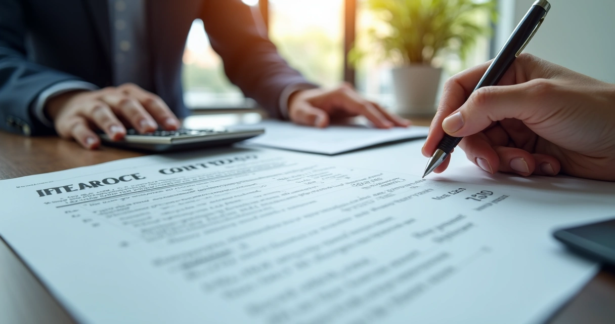 Pessoa analisando e assinando contrato de financiamento de veículo com calculadora e caneta sobre a mesa 