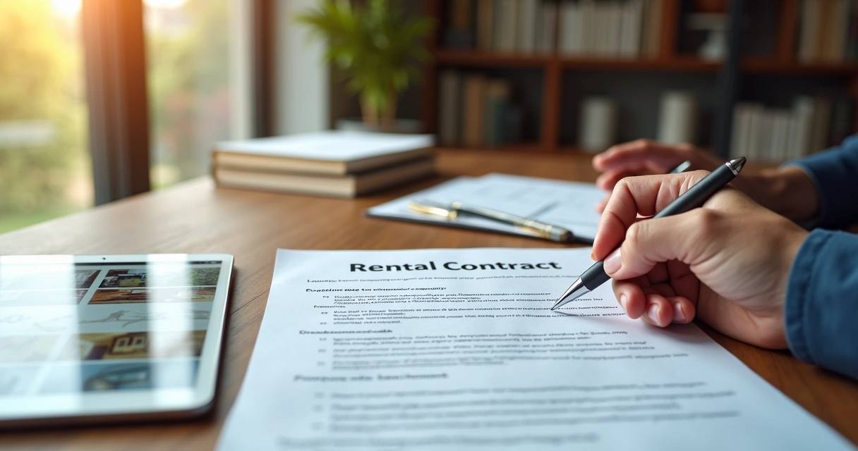 Pessoa assinando contrato de locação com vistoria e fotos do imóvel ao lado 