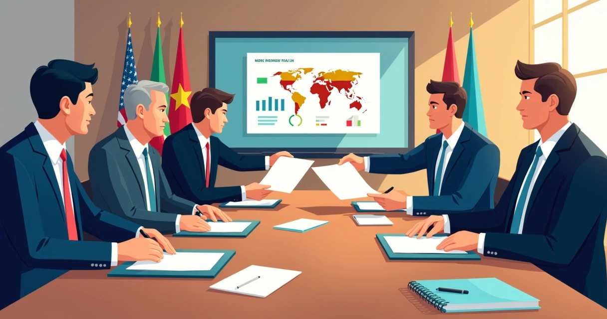 Prefeitos trocando documentos em sala de reuniões, mesa com papéis, bandeiras de cidades ao fundo. 