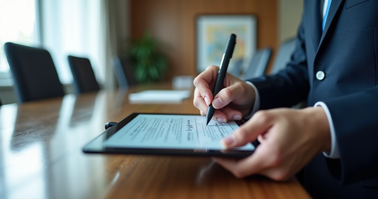 Pessoa usando tablet para assinar digitalmente documento em contexto de entidade de classe. 