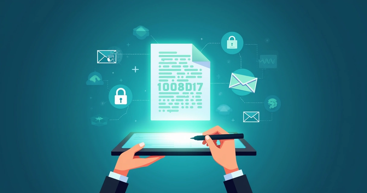 Document with glowing digital signature code, symbols of security, and a tablet being used to sign.