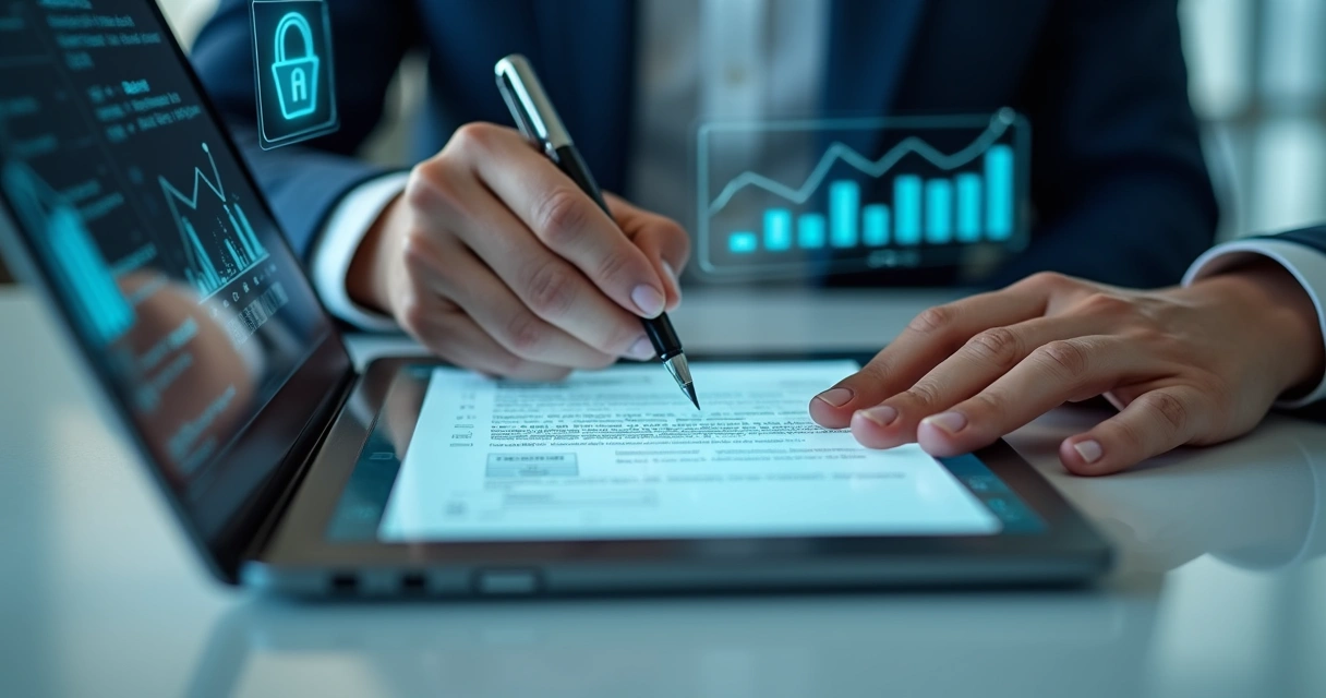 Assinatura digital de documento bancário em uma tela de notebook 