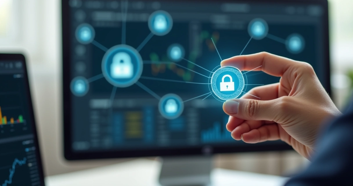 Mão segurando token de certificado digital com computador ao fundo 