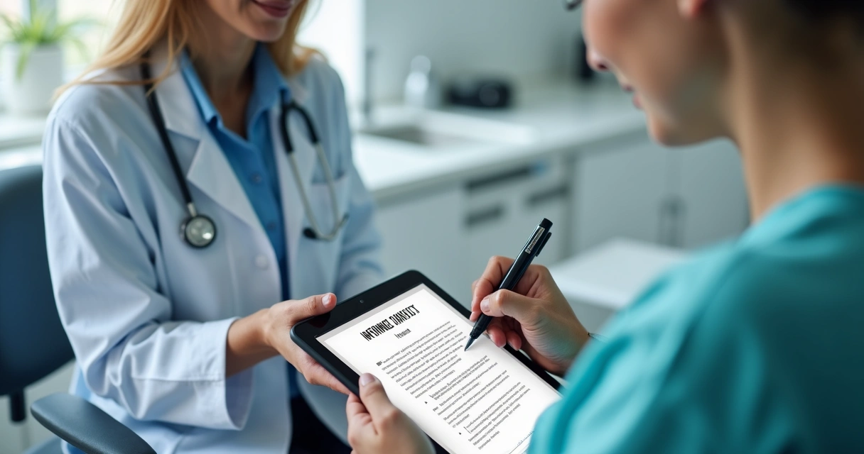 Dentista e paciente assinando digitalmente termo de consentimento em tablet na clínica odontológica 