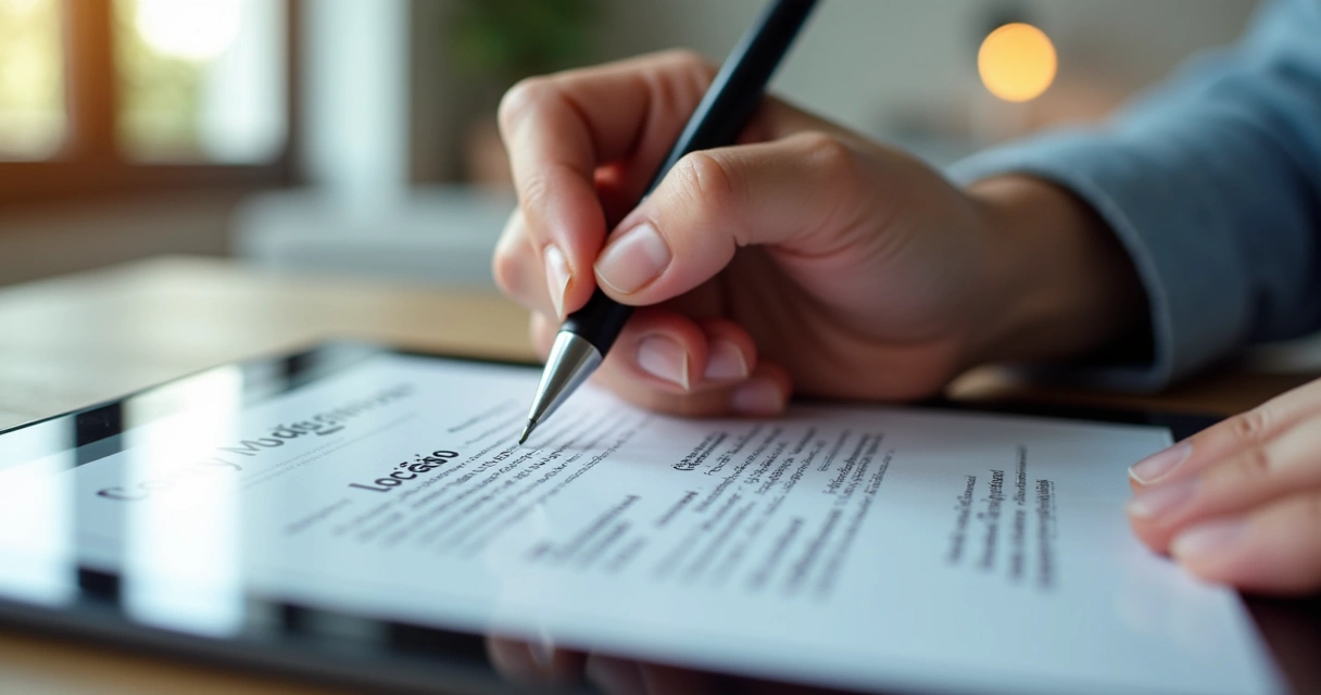 Pessoa assinando contrato digital de locação em tablet com caneta digital. 