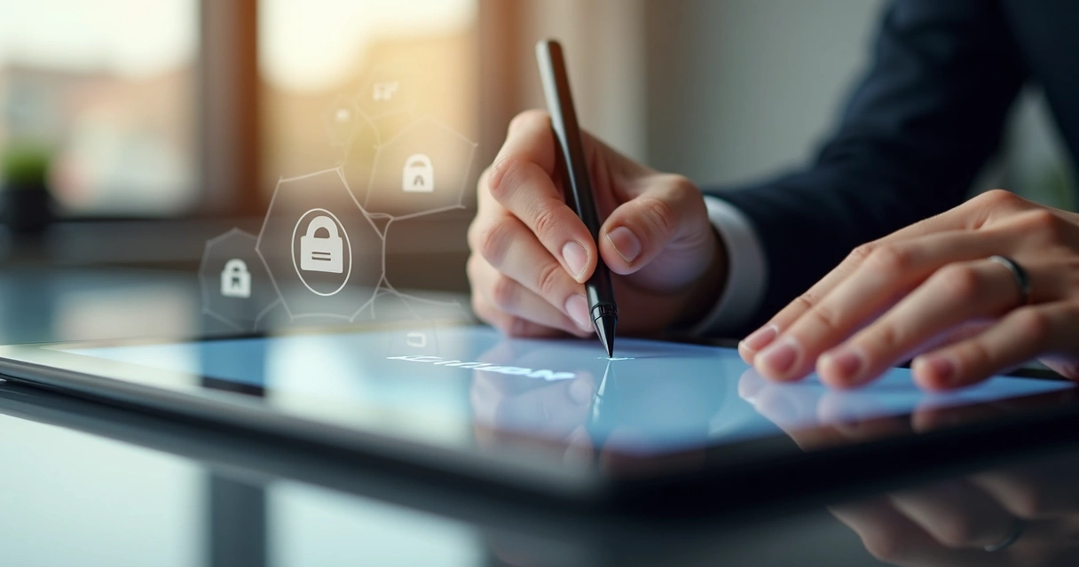 Assinatura digital em tablet em cenário administrativo 
