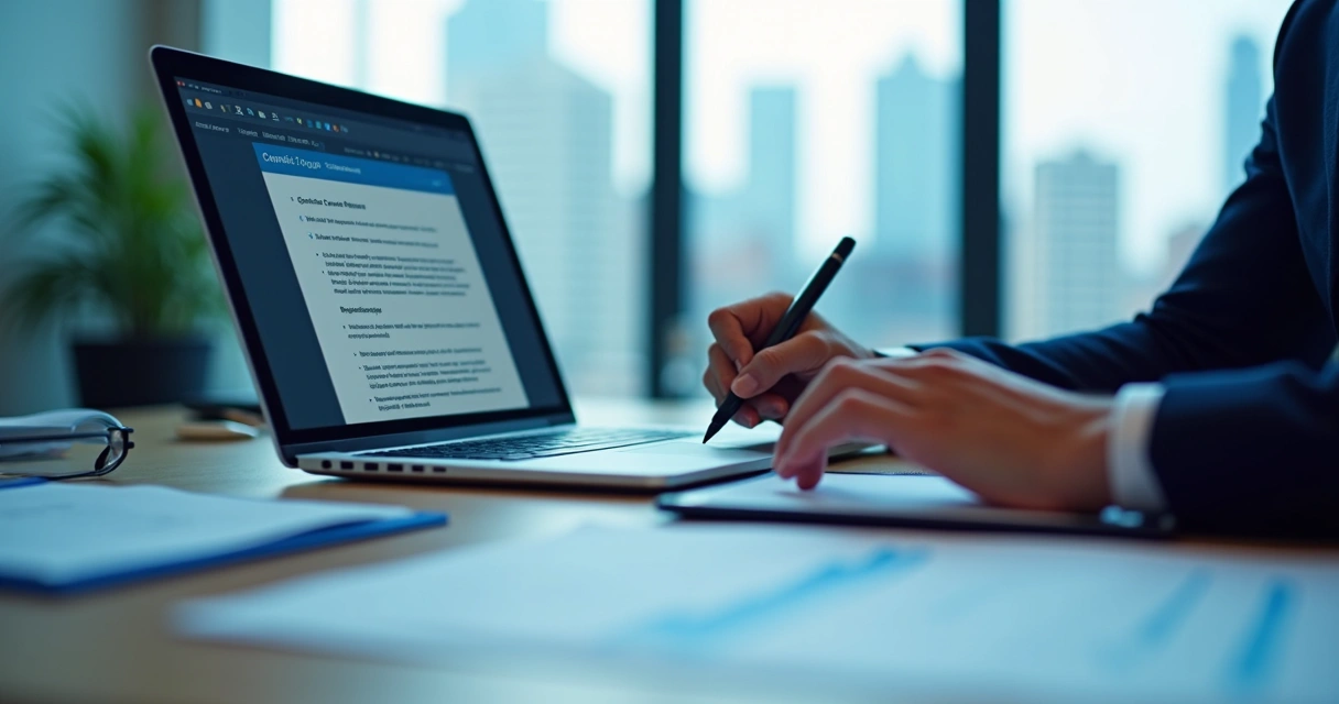 Pessoa assinando contrato digital com laptop e tablet na mesa 