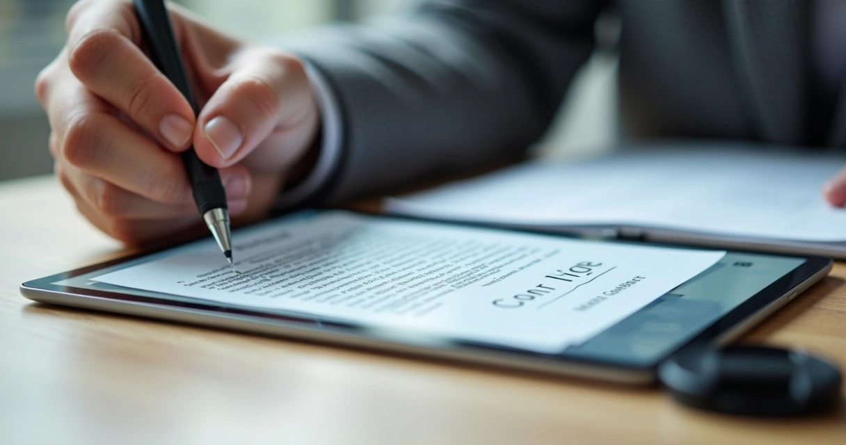 Assinatura digital de contrato em tablet, mão segurando caneta digital, contrato visível na tela 