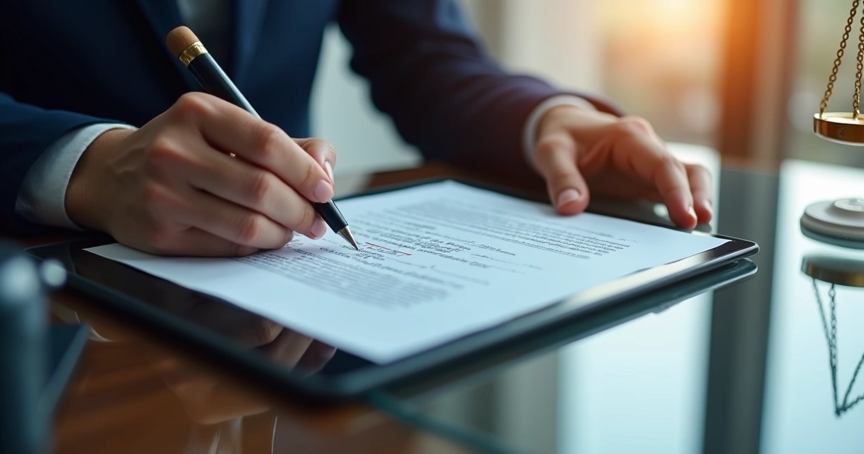 Pessoa assinando um contrato digital em tablet com interface moderna. 