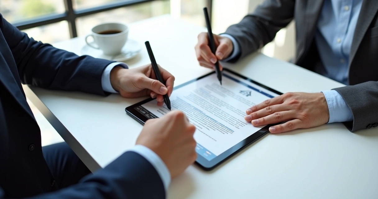 Corretor e cliente assinando digitalmente em tablet 