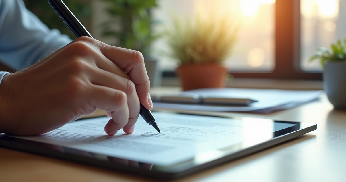 Pessoa assinando contrato digital em tablet com stylus 