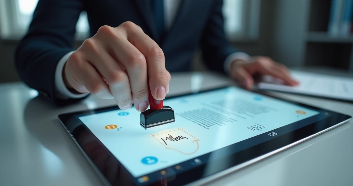 Carimbo digital sendo pressionado sobre documento digitalizado em tela de tablet 