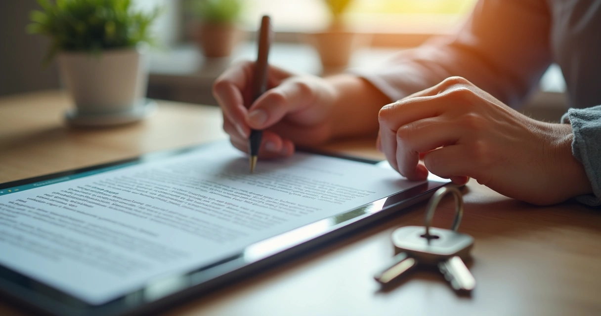 Pessoa assinando um contrato digital em tablet ao lado de chaves de imóvel 