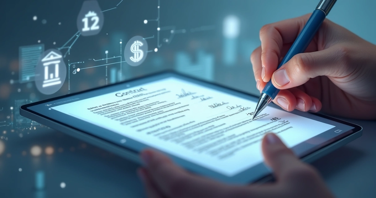 Ilustração de assinatura digital em contrato bancário. 