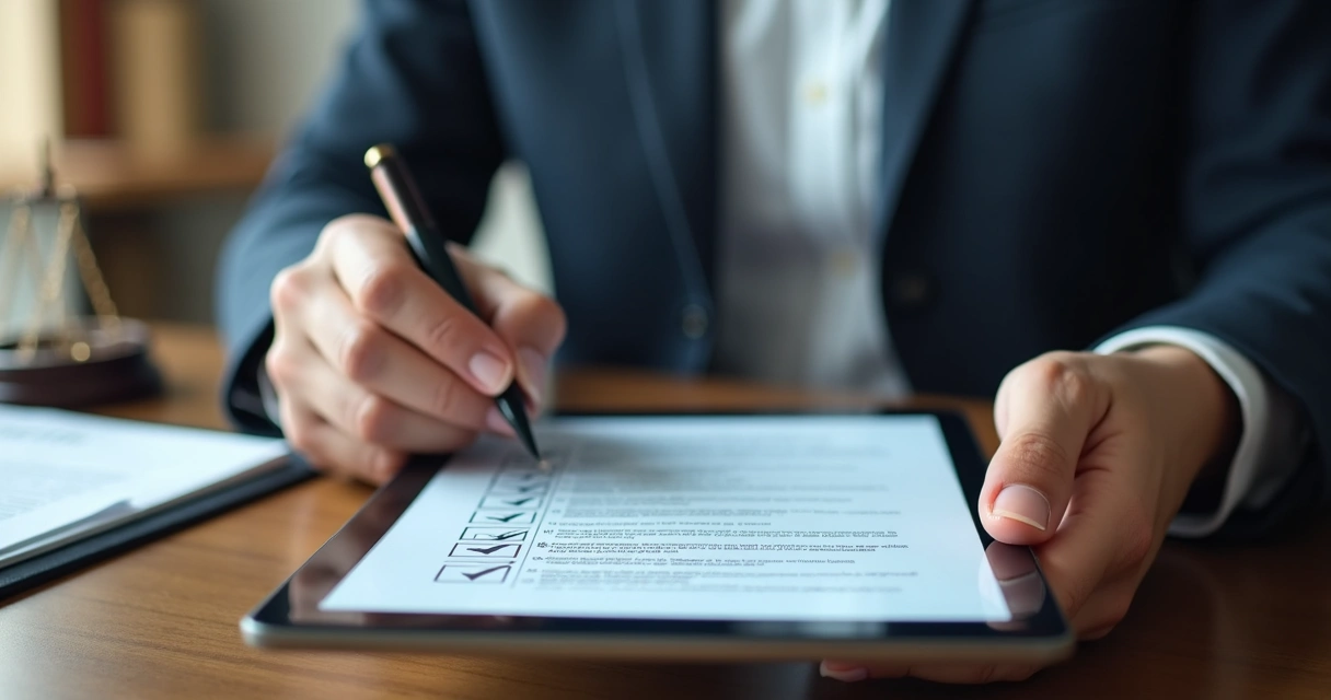 Executivo assina contrato digital em tela com checklist de etapas essenciais 