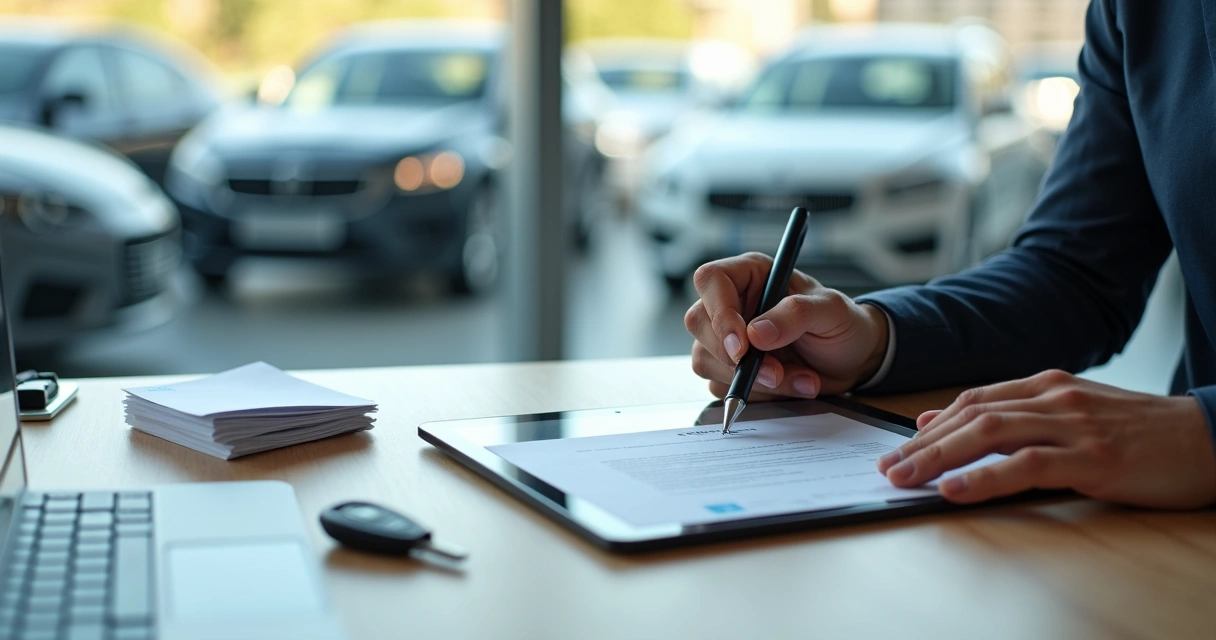 Vendedor de loja de carros assinando contrato digital em tablet ao lado de chave de veículo 